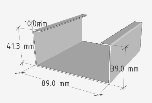 Technische 3D Darstellung eines Stahlleichtbau Profils mit Maßen 89,0 Millimeter und 39,0 Millimeter
